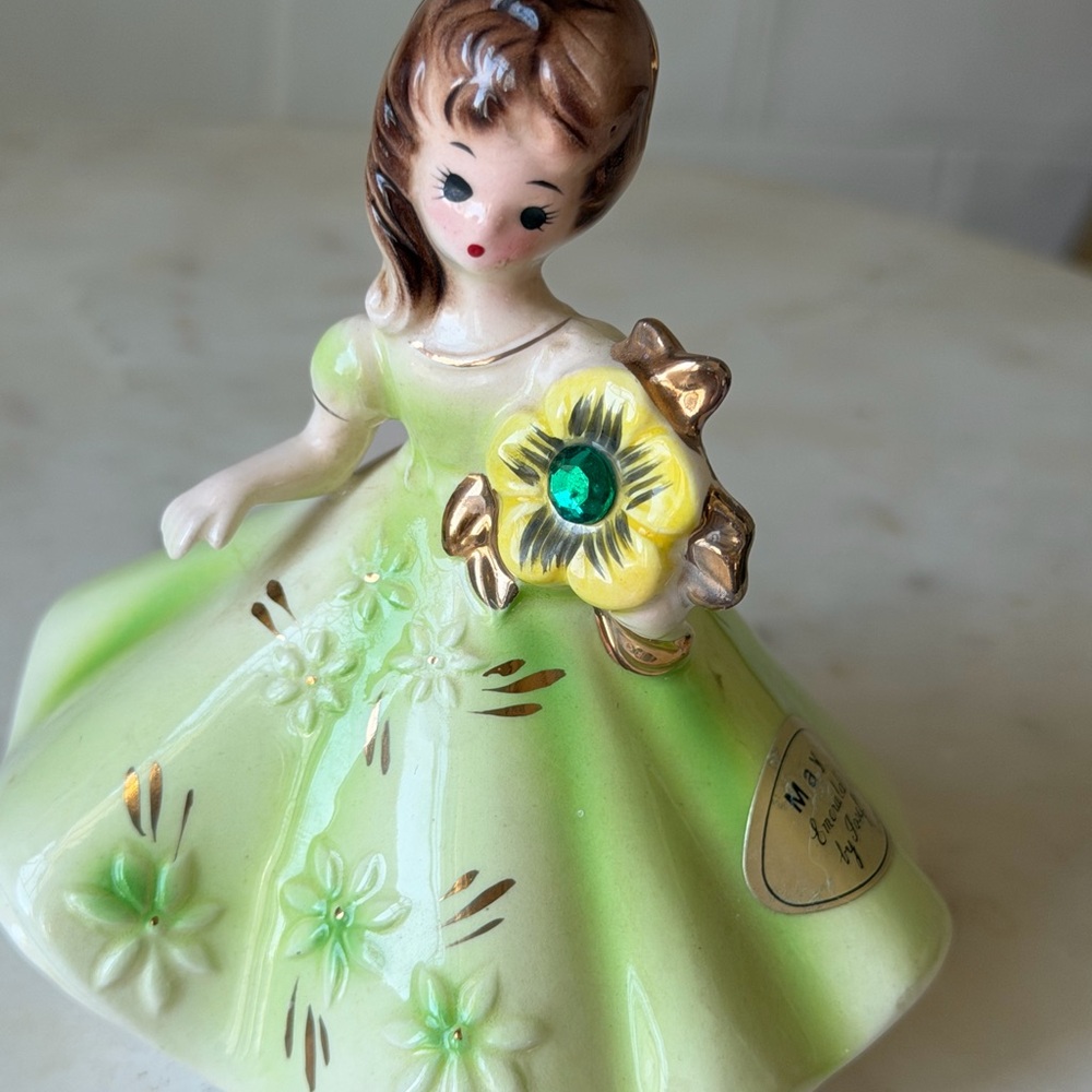 Josef Originals Girl Figurine Emerald Green Ceramic Hand Painted May Birthstone